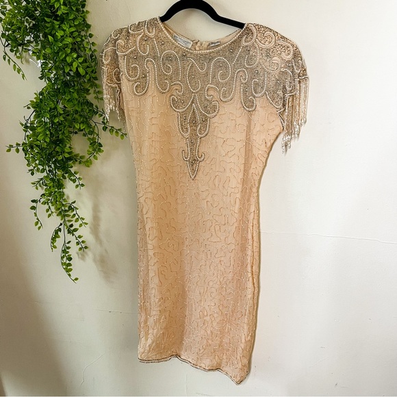 Vintage Lew Magram Peach Silk Beaded Cocktail Dress Medium - Picture 11 of 11